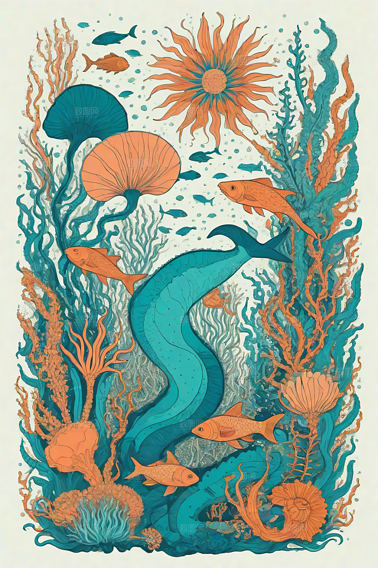 海洋之花风格插画的海洋植物和生物