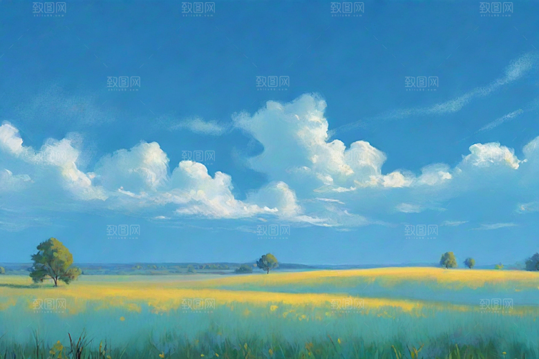 明亮蓝天下的白云草地