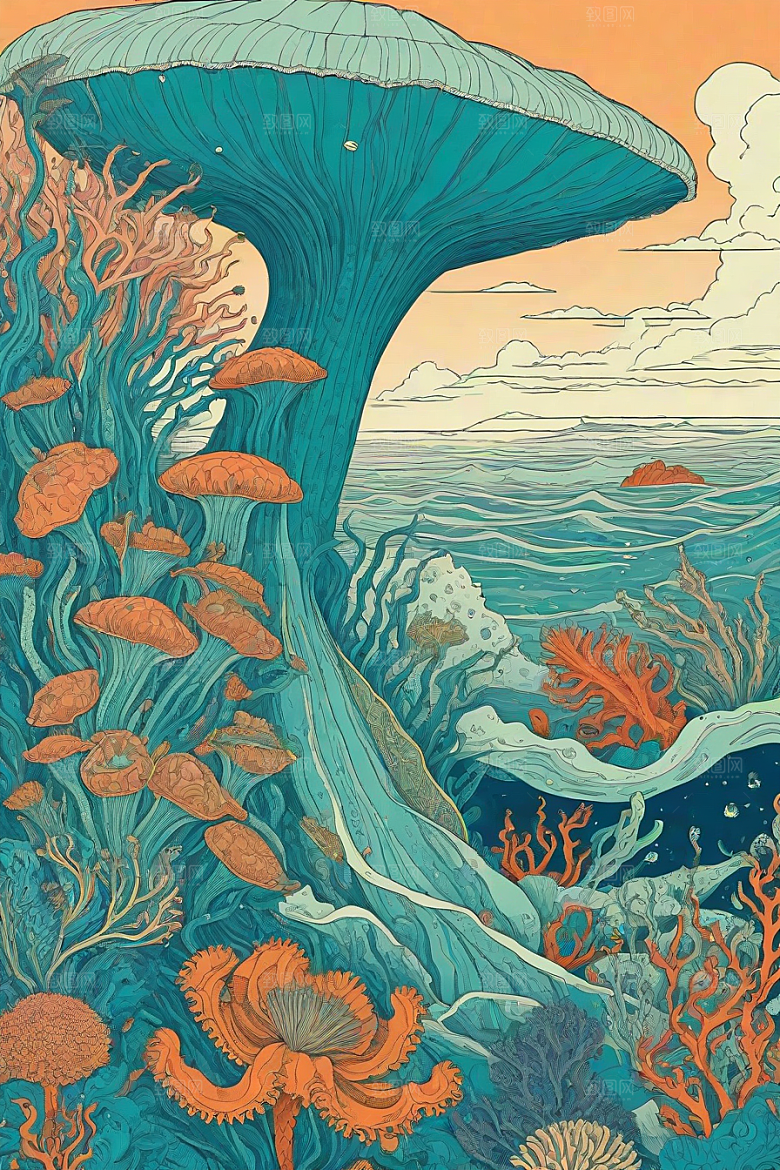 海洋之花风格插画的海洋植物和生物