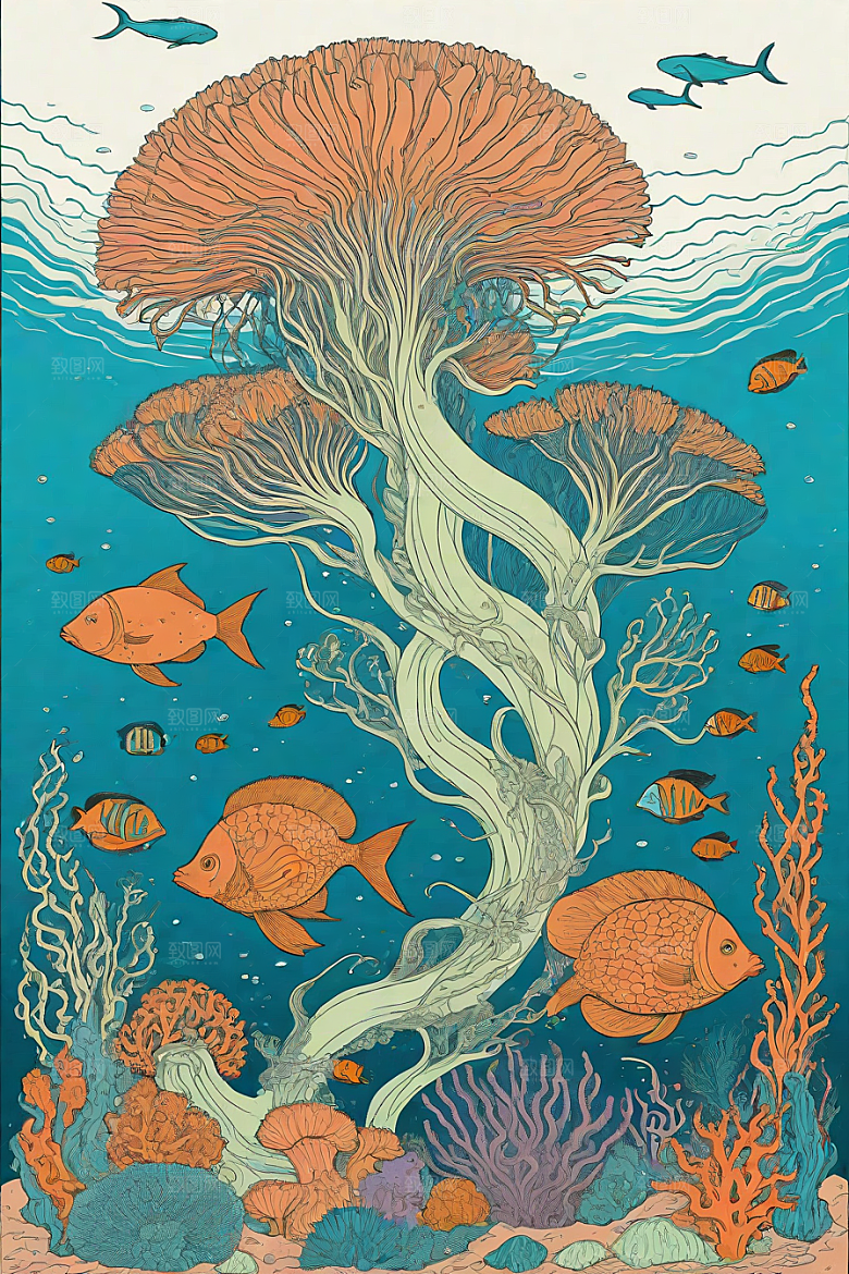 海洋之花风格插画的海洋植物和生物