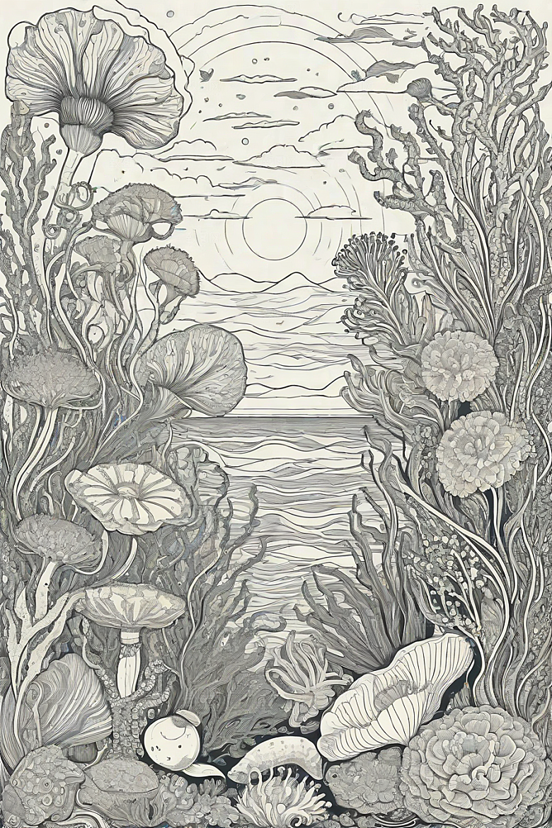 海洋之花风格插画的海洋植物和生物