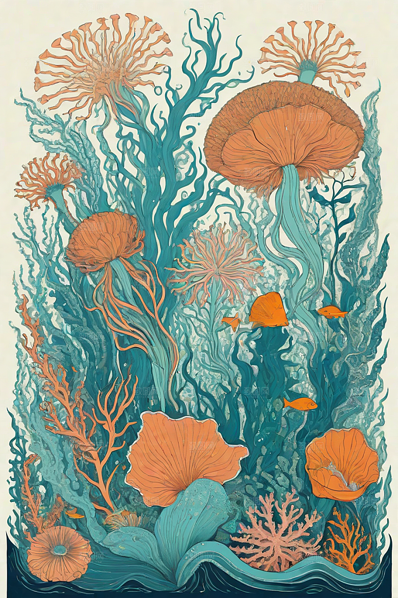 海洋之花风格插画的海洋植物和生物