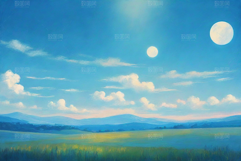 明亮蓝天下的白云草地