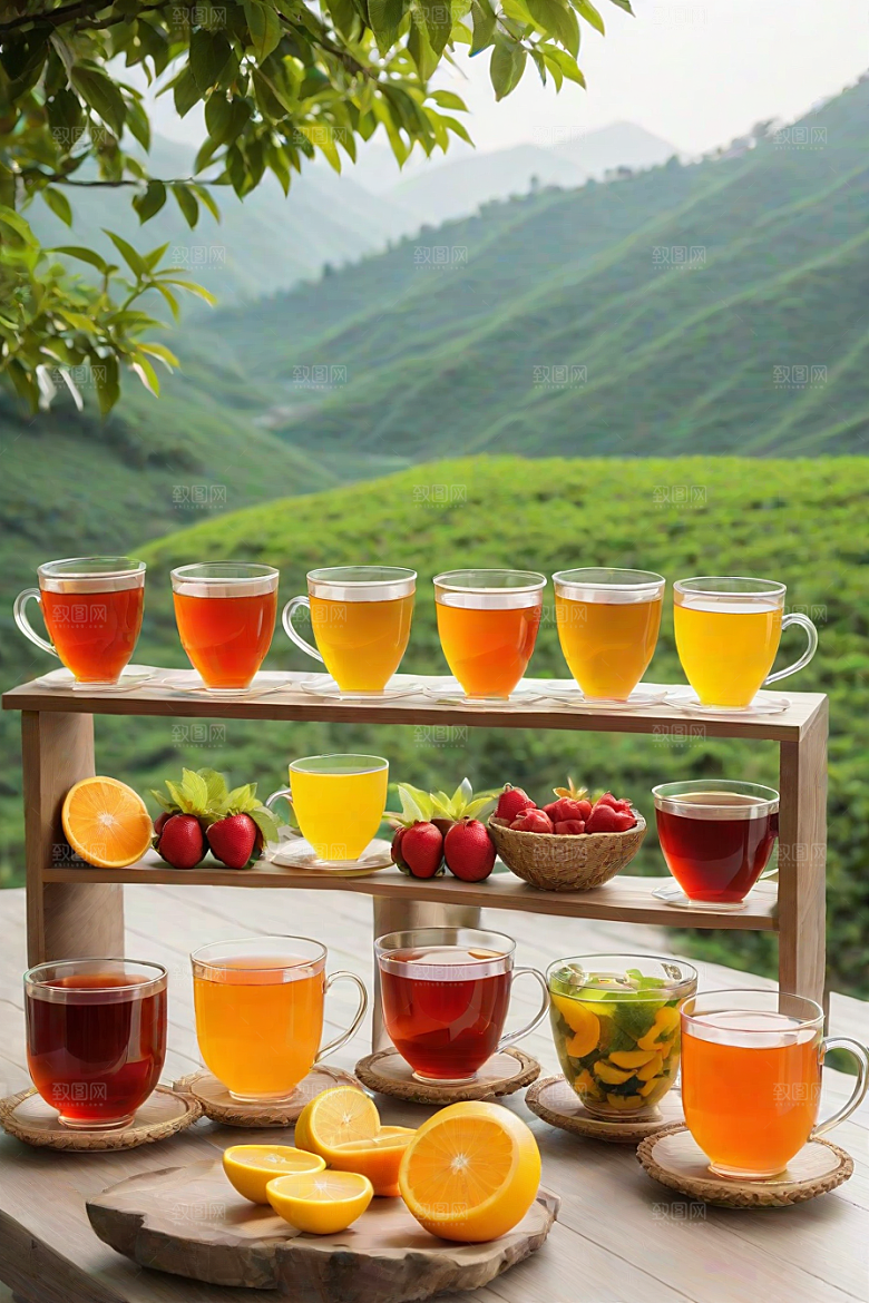 展现诱人的水果茶杯和自然图案