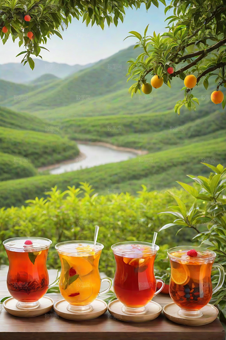 展现诱人的水果茶杯和自然图案