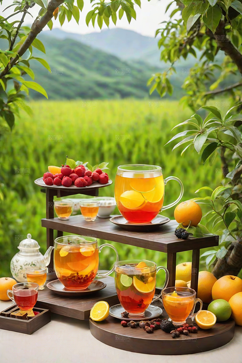 展现诱人的水果茶杯和自然图案