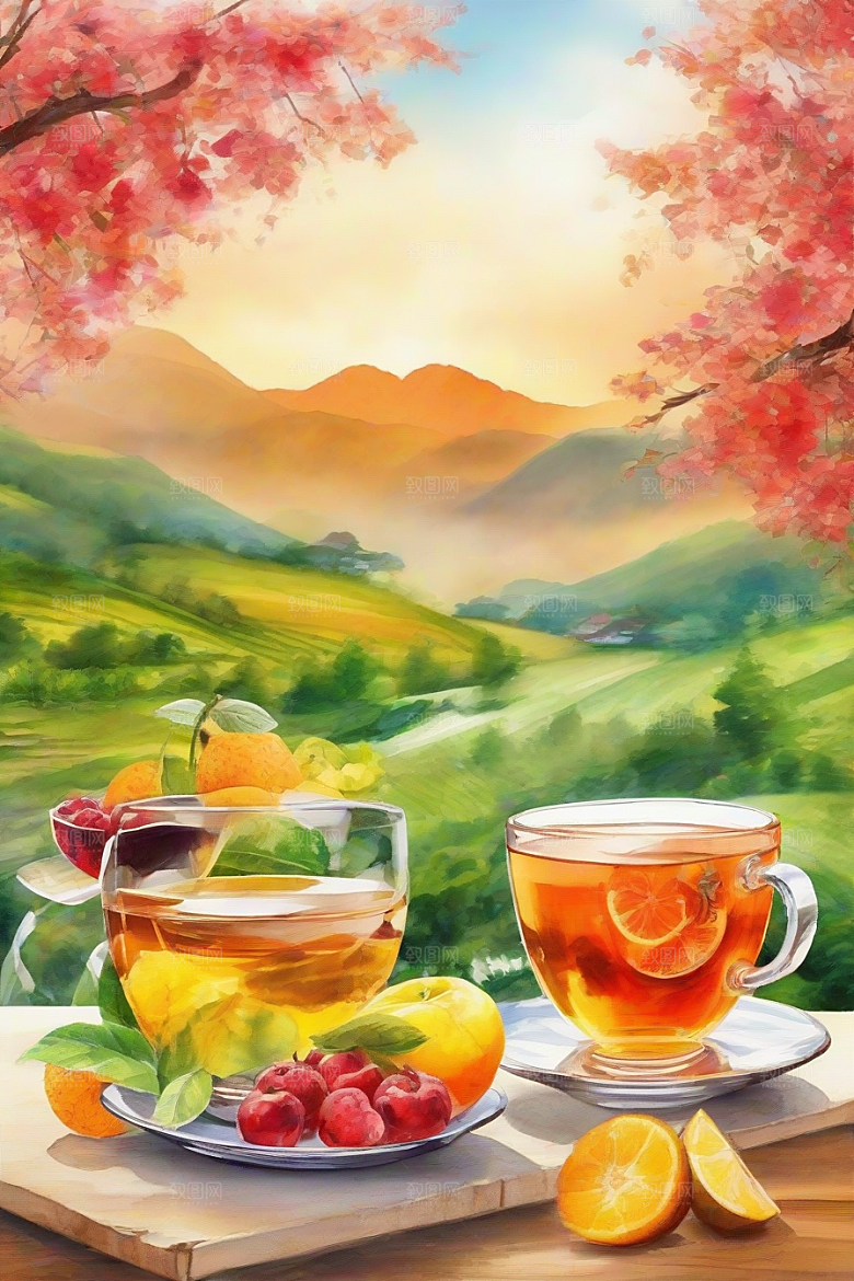 明亮的水果茶杯图案