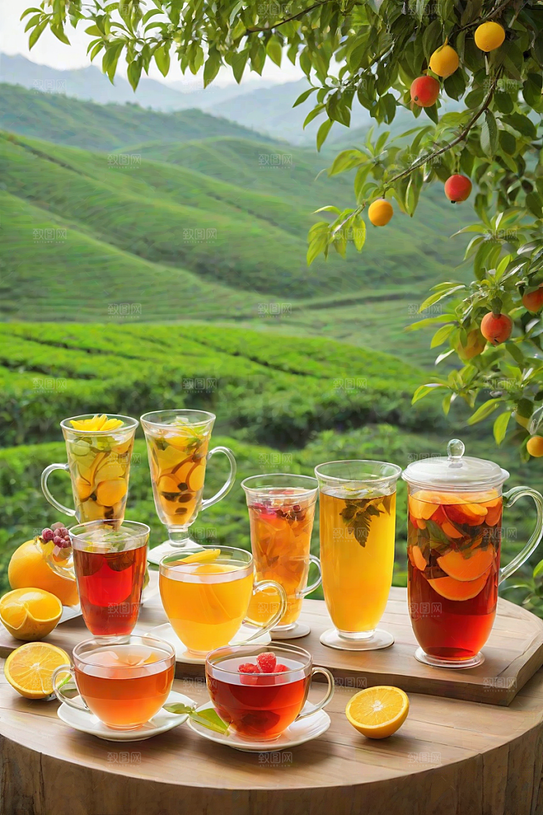 明亮的水果茶杯图案