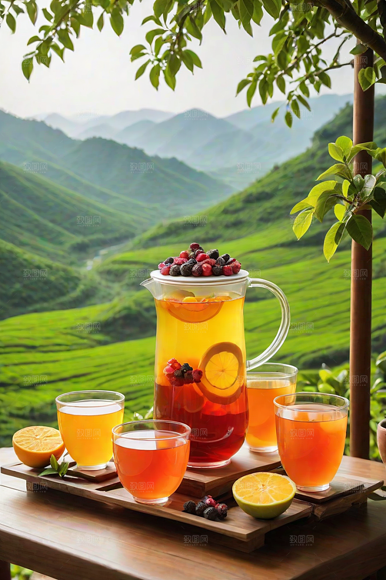 明亮诱人的水果茶杯图案