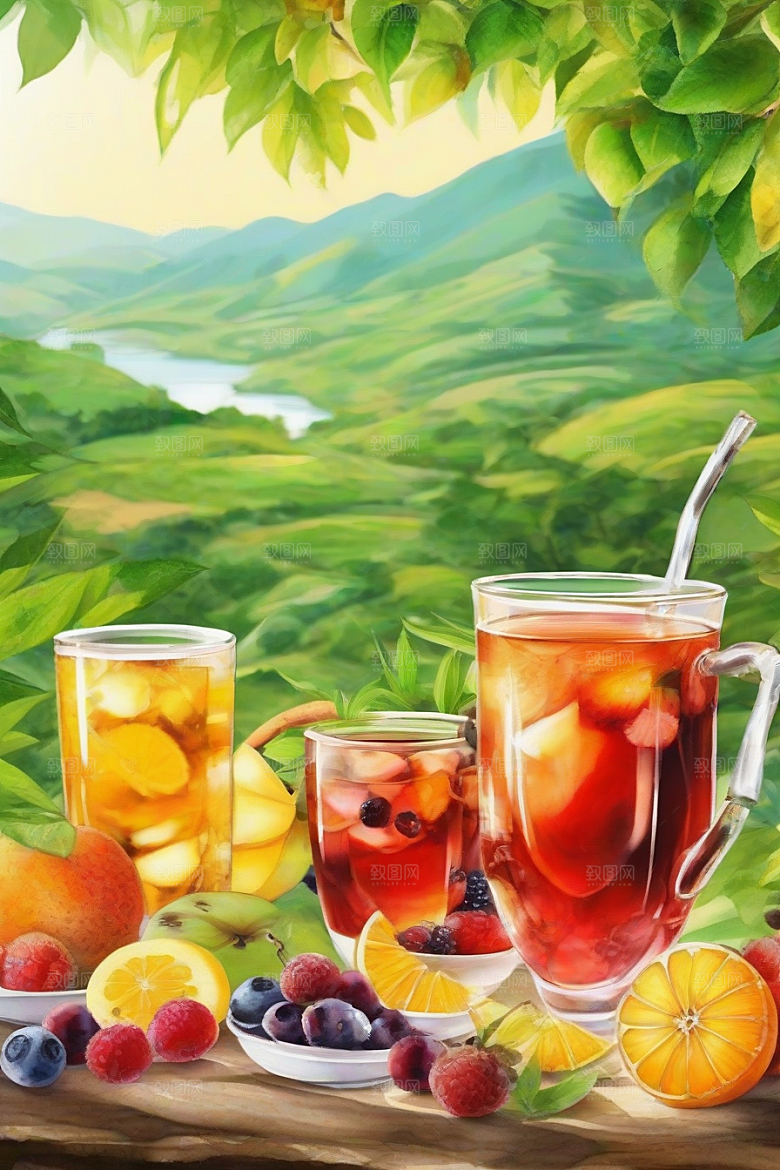 明亮诱人的水果茶杯图案