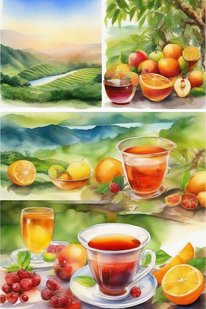 明亮诱人的水果茶杯图案