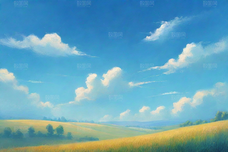 明亮蓝天白云下的绿草