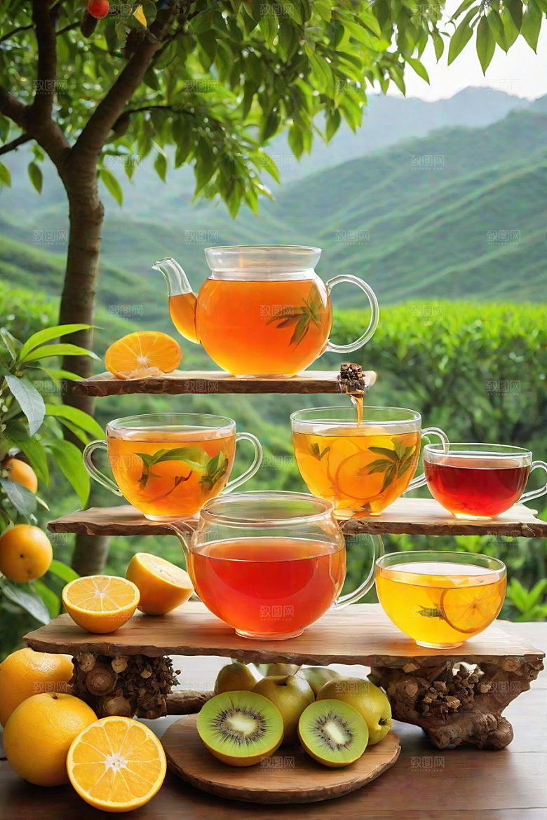 多种风格水果茶杯的诱人色彩和自然图案
