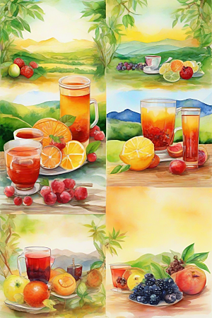 多种风格水果茶杯的诱人色彩和自然图案
