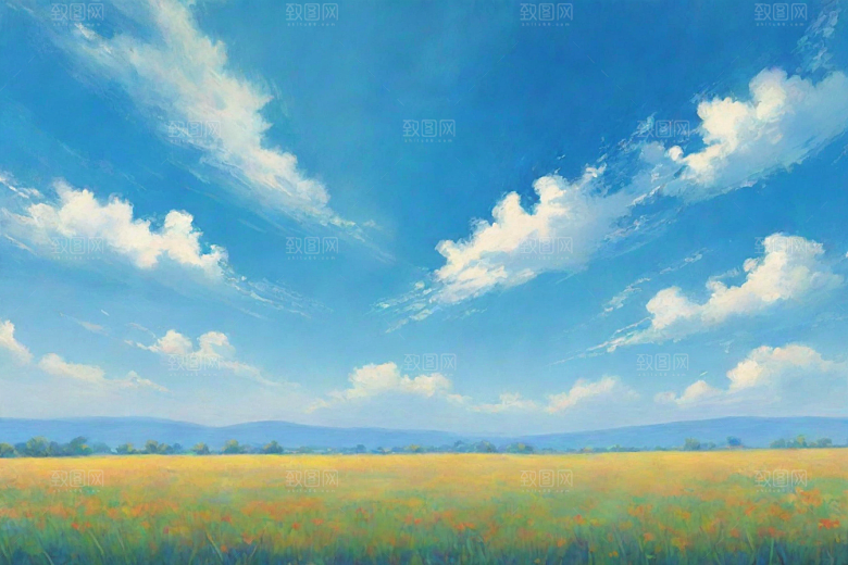 明亮蓝天白云下的绿草