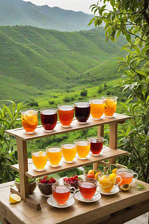 多种风格水果茶杯的诱人色彩和自然图案