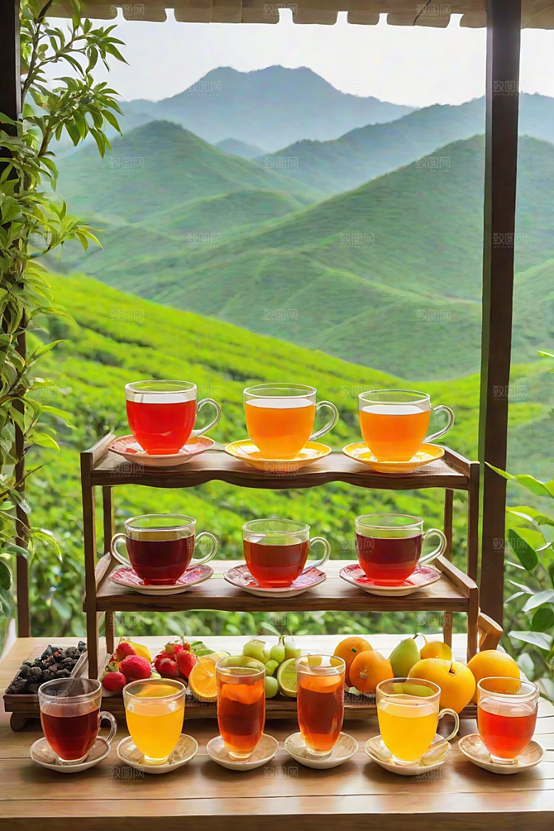 展现诱人的水果茶杯和自然图案