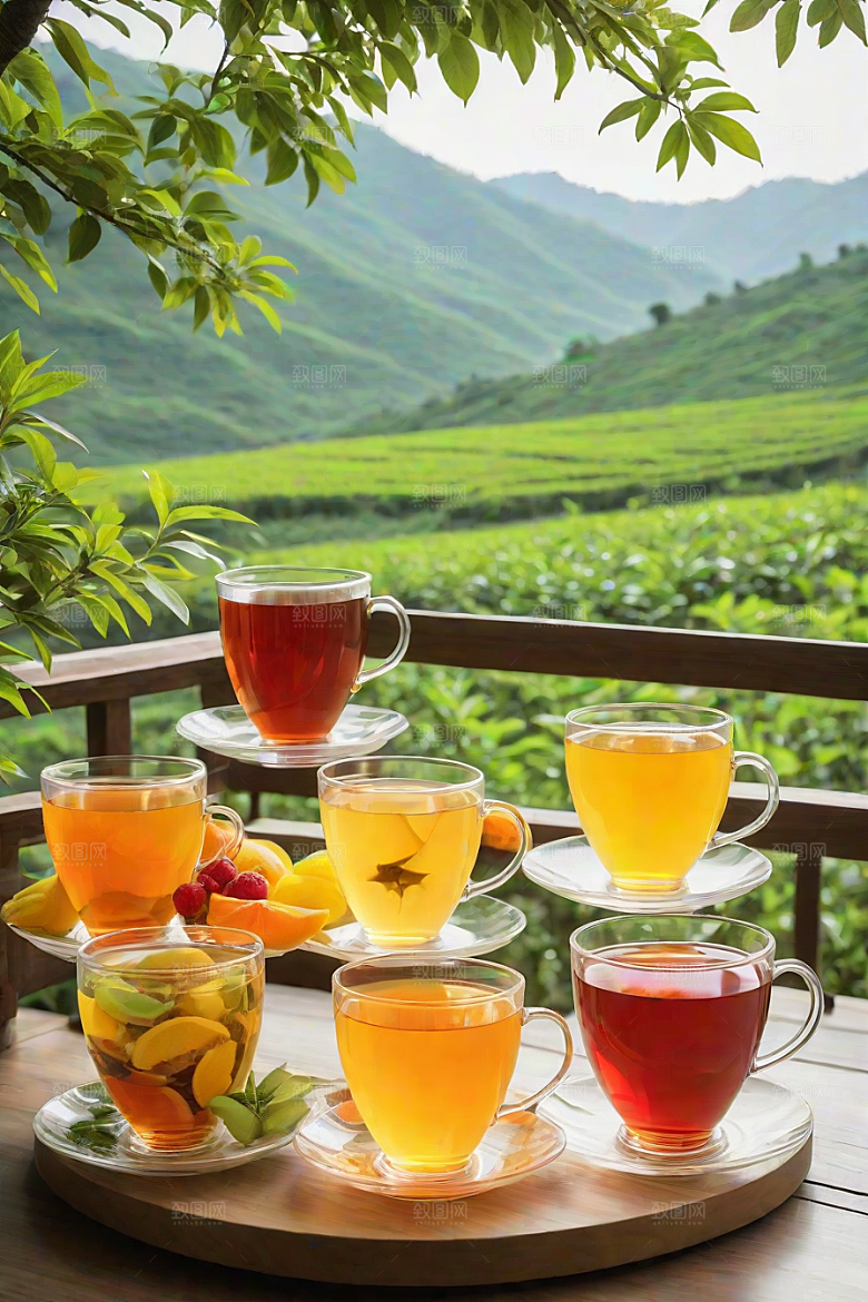 展现诱人的水果茶杯和自然图案