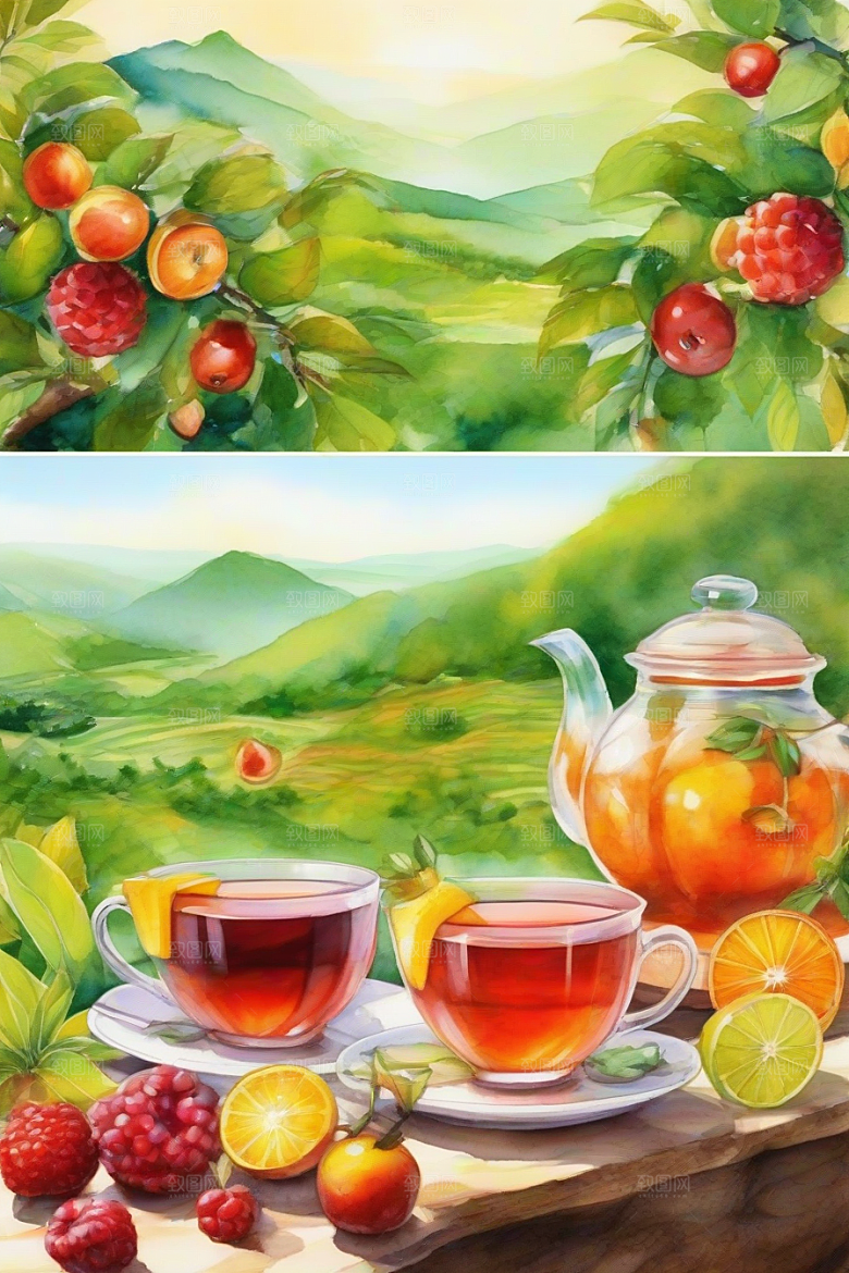 展现诱人的水果茶杯和自然图案