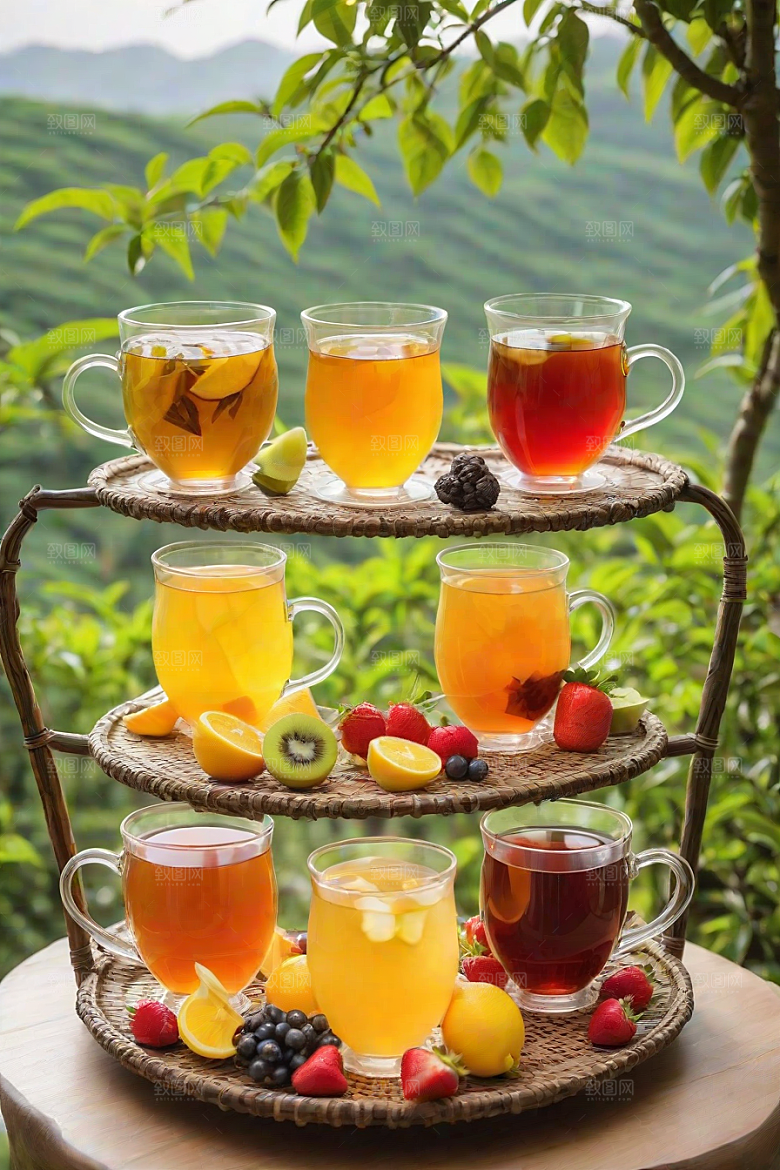 展现诱人的水果茶杯和自然图案