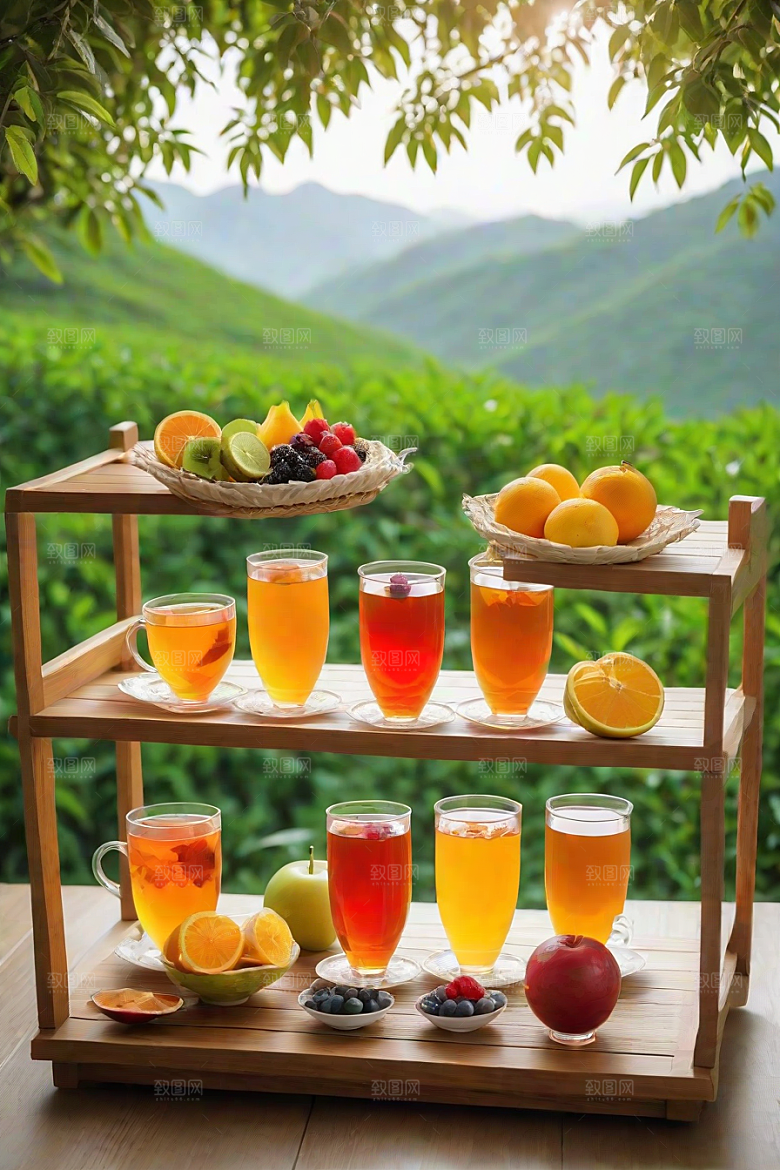 展现诱人的水果茶杯和自然图案