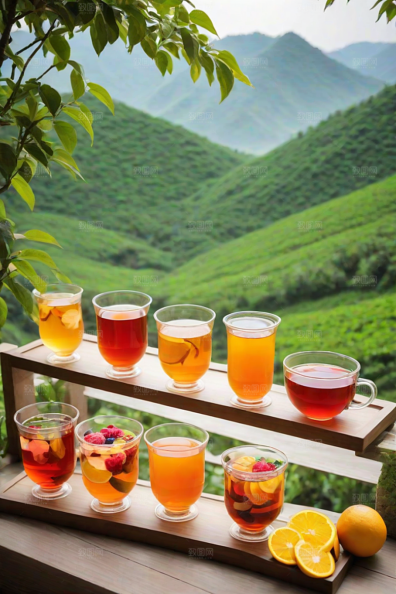 展现诱人的水果茶杯和自然图案