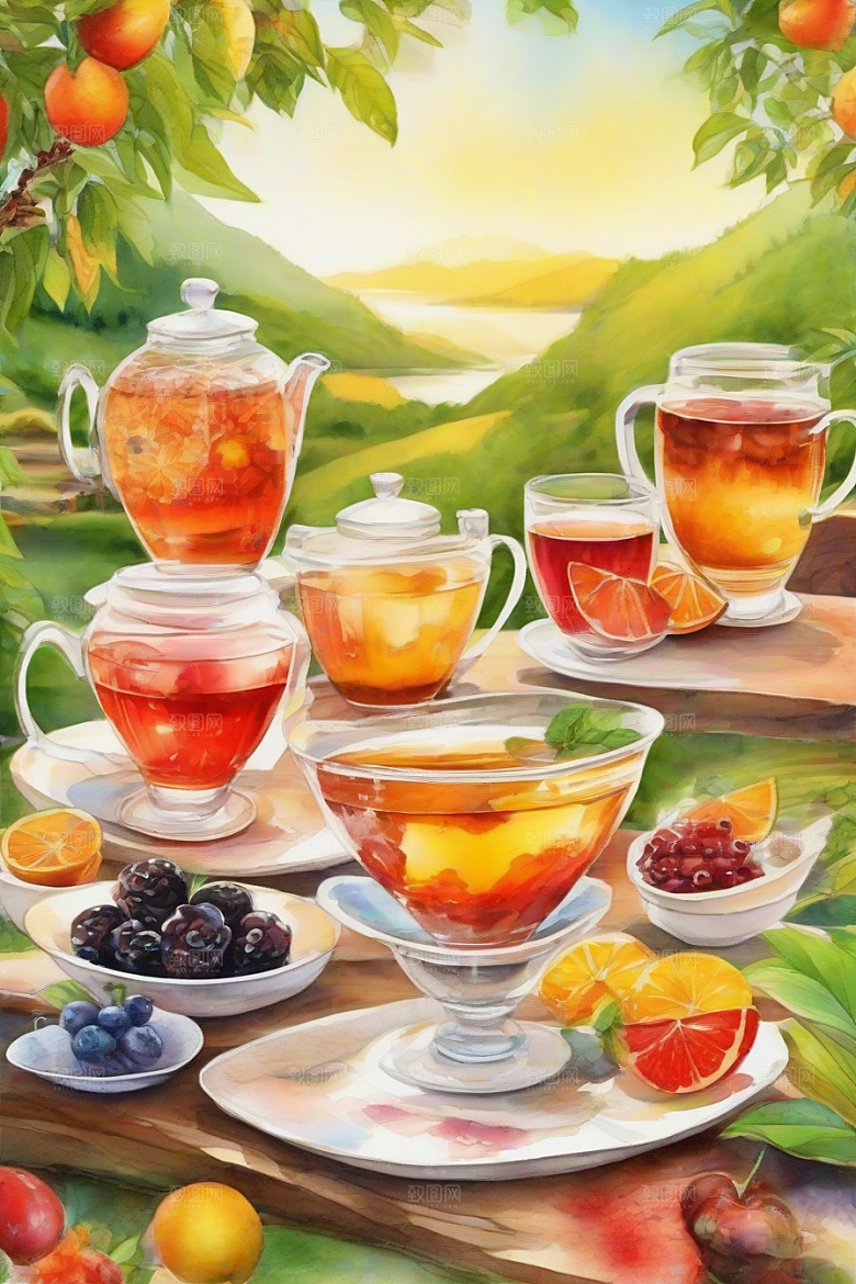 明亮的水果茶杯图案