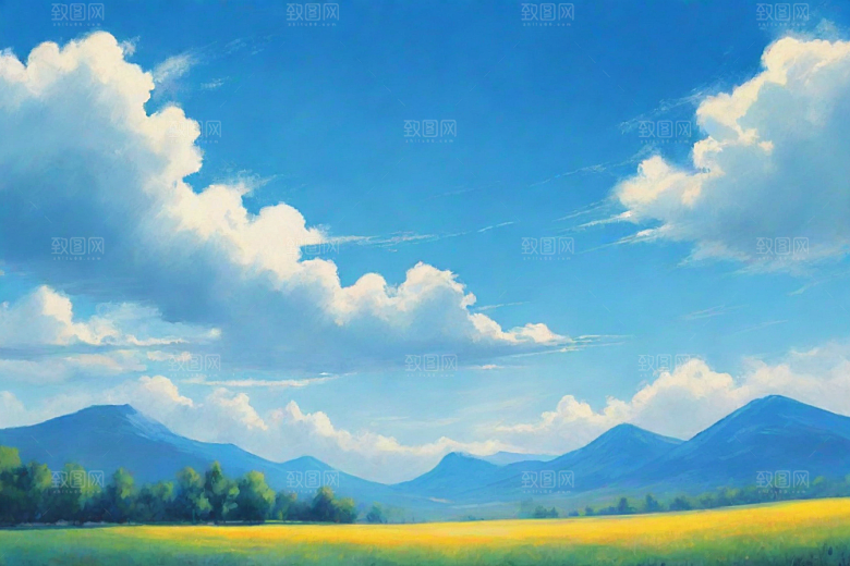 明亮蓝天白云下的绿草