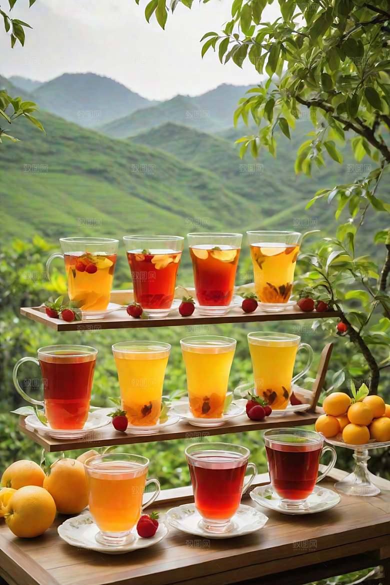 明亮诱人的水果茶杯图案