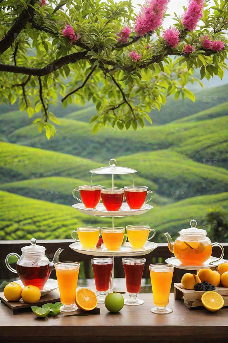 明亮诱人的水果茶杯图案