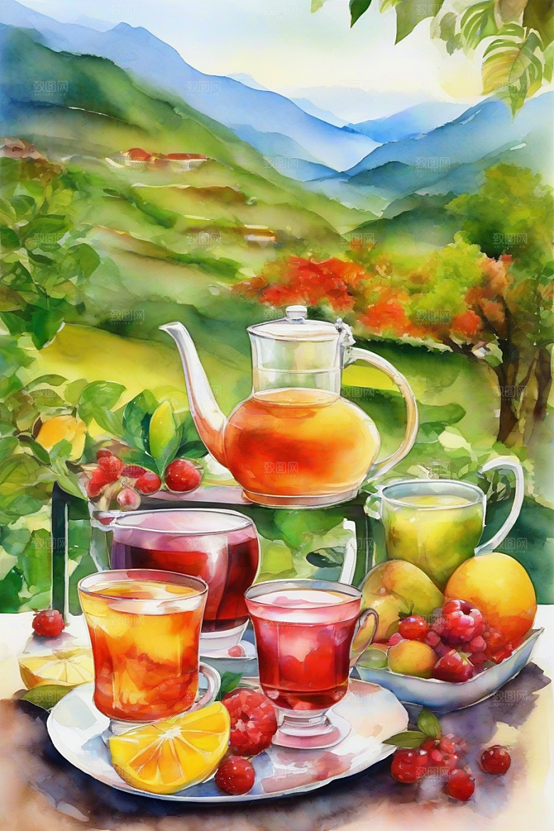 明亮诱人的水果茶杯图案