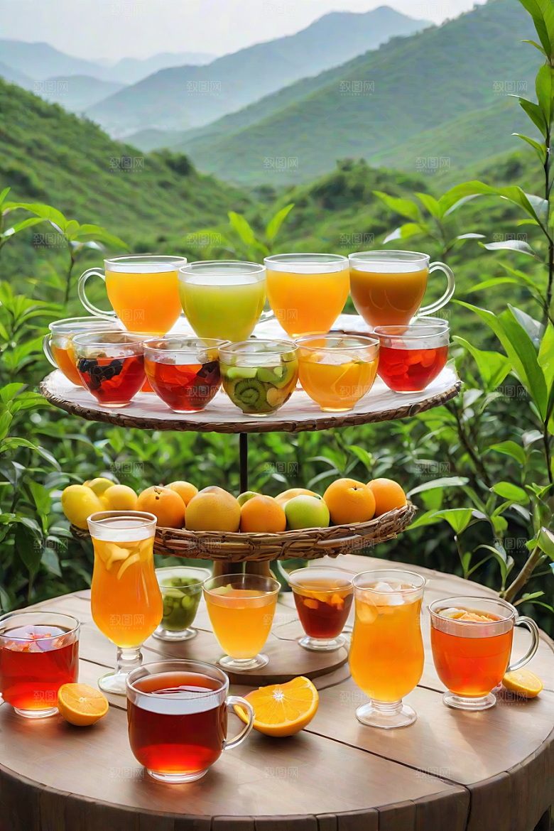 明亮诱人的水果茶杯图案