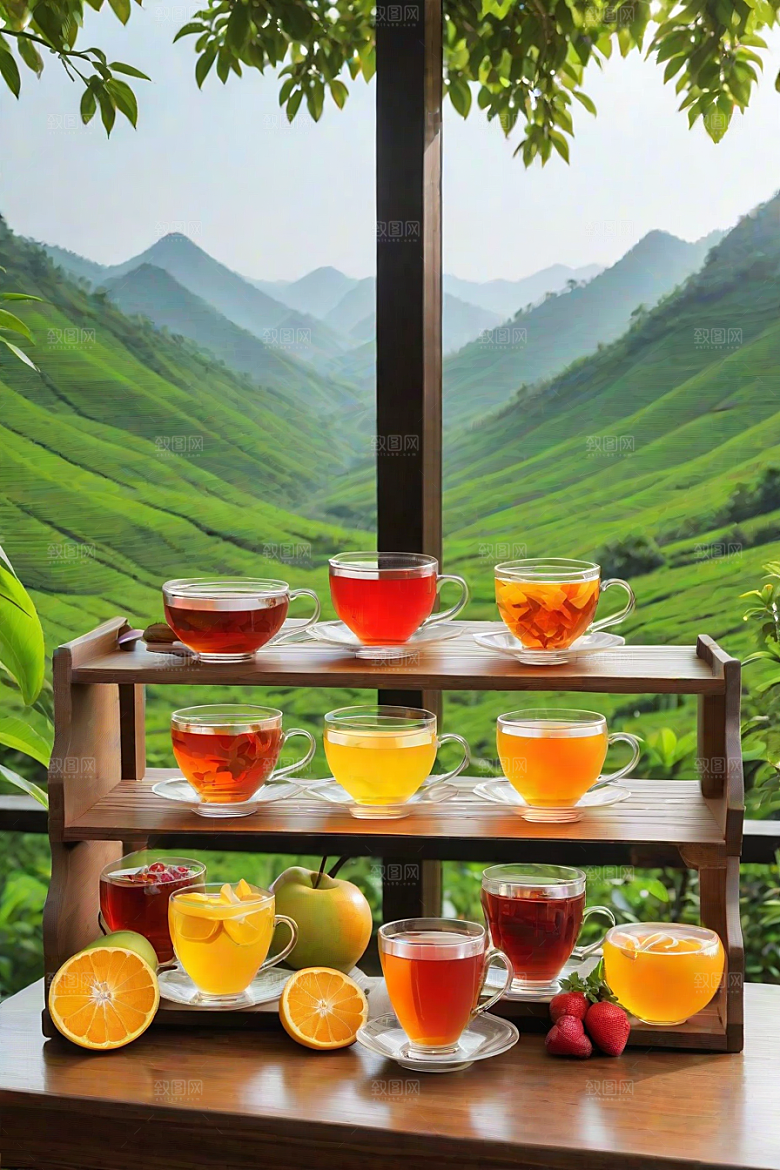 明亮诱人的水果茶杯图案