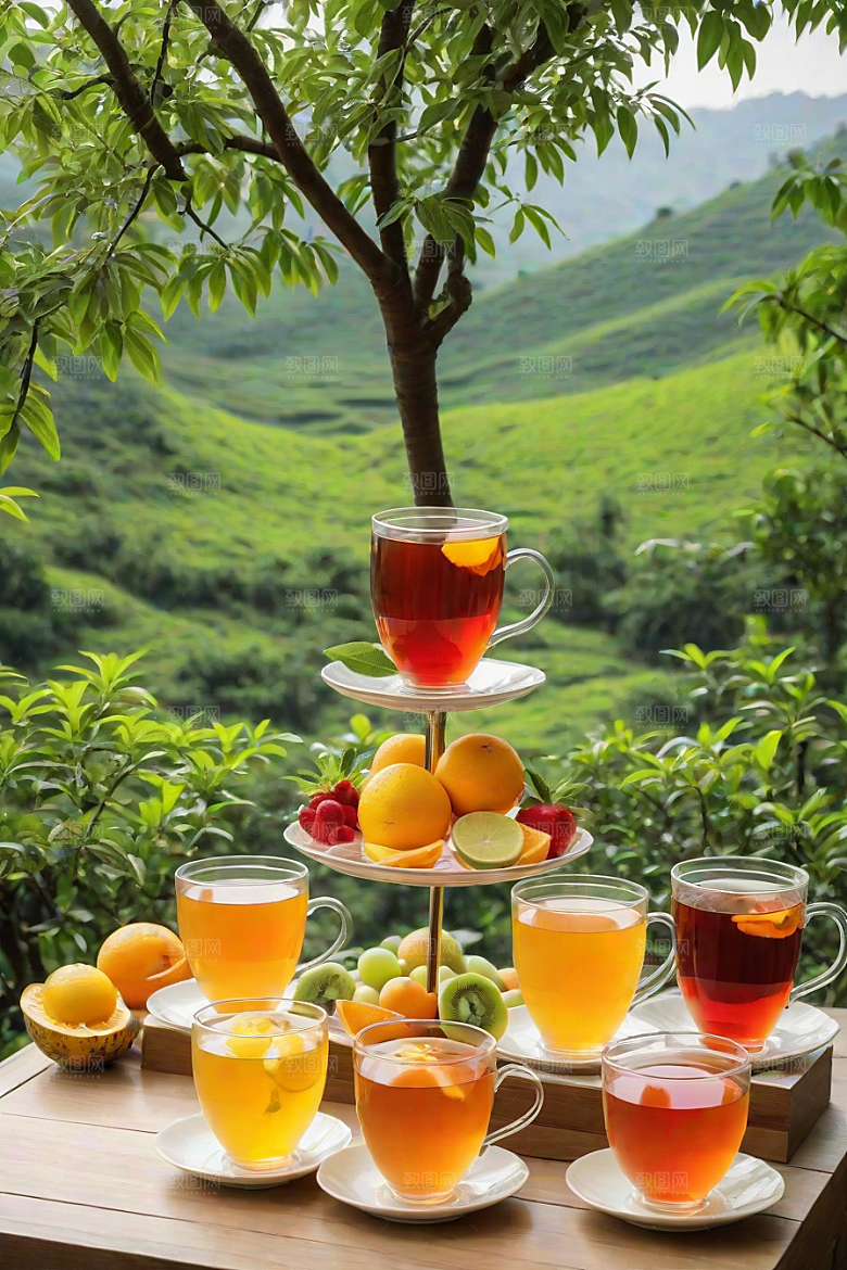 明亮诱人的水果茶杯图案