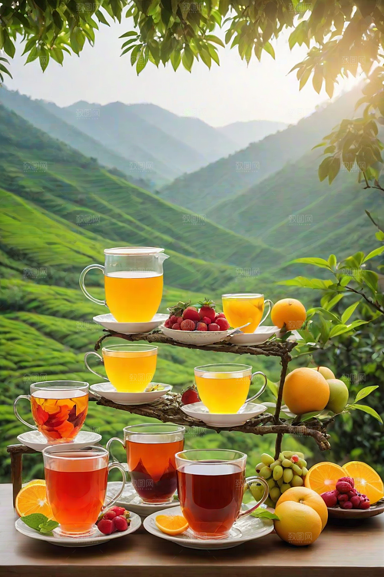 明亮诱人的水果茶杯图案