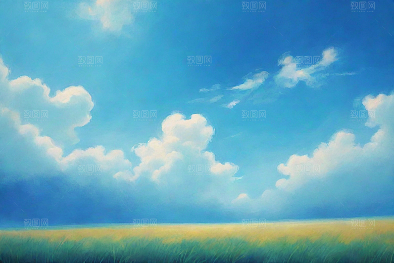 明亮蓝天白云下的绿草