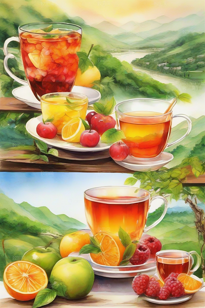 多样风格的水果茶杯图案