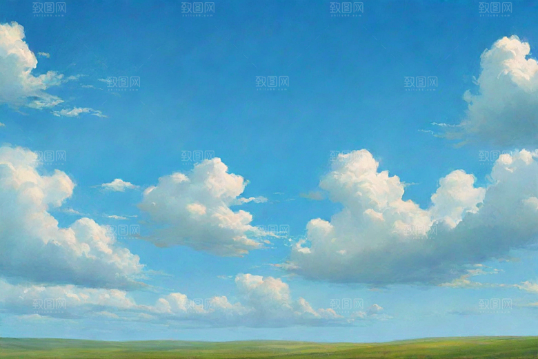 明亮蓝天下的绿草白云