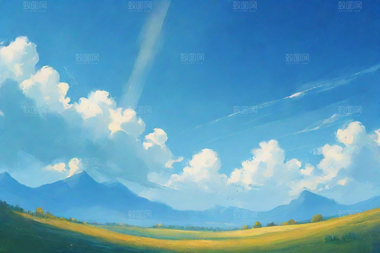 明亮蓝天下的绿草白云