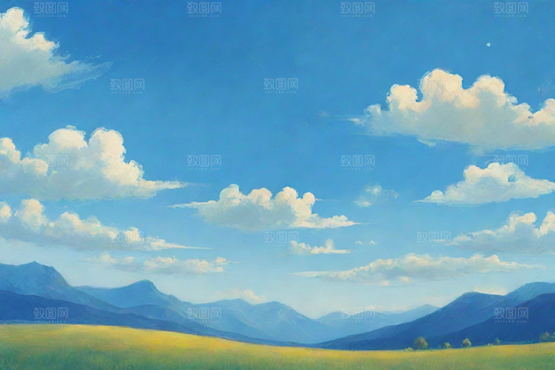 明亮蓝天下的绿草白云