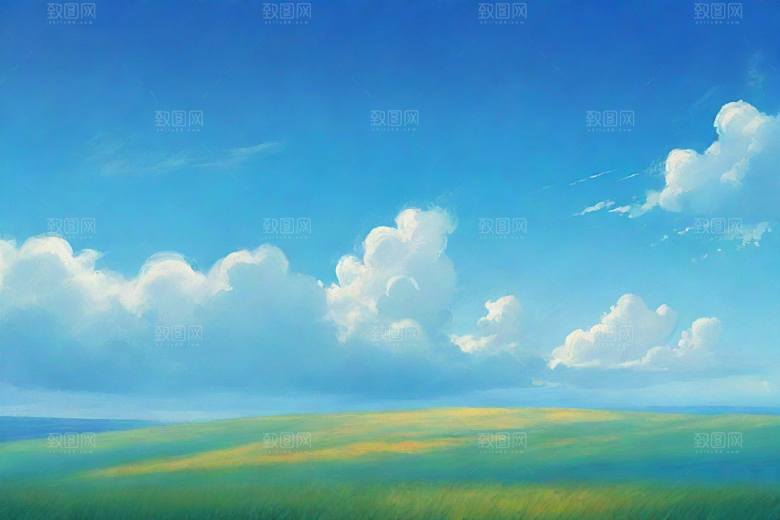 明亮蓝天下的绿草白云