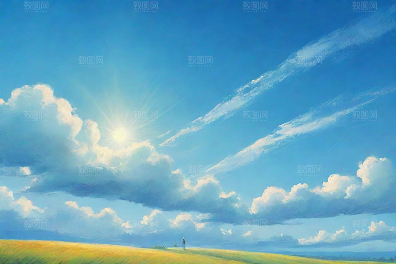 明亮蓝天与草地的和谐