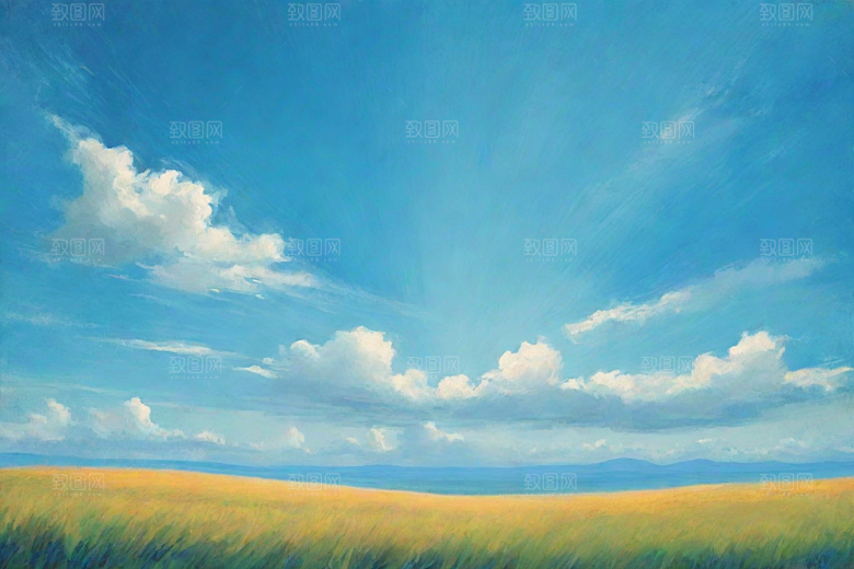 明亮蓝天与草地的和谐