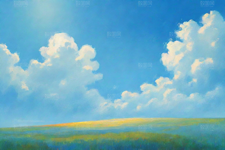 明亮蓝天下的白云草地