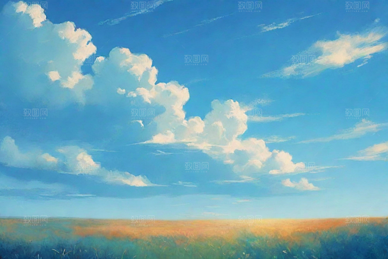 明亮蓝天下的白云草地