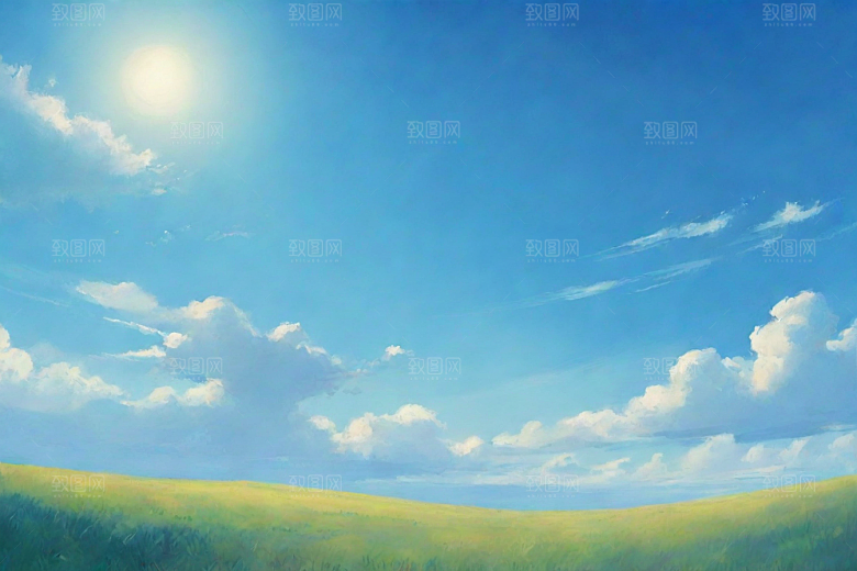 明亮蓝天下的白云草地