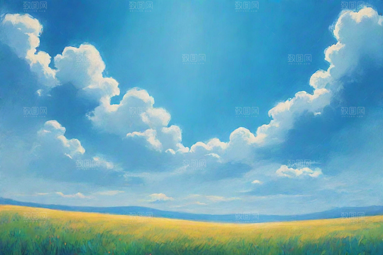 明亮蓝天下的白云草地