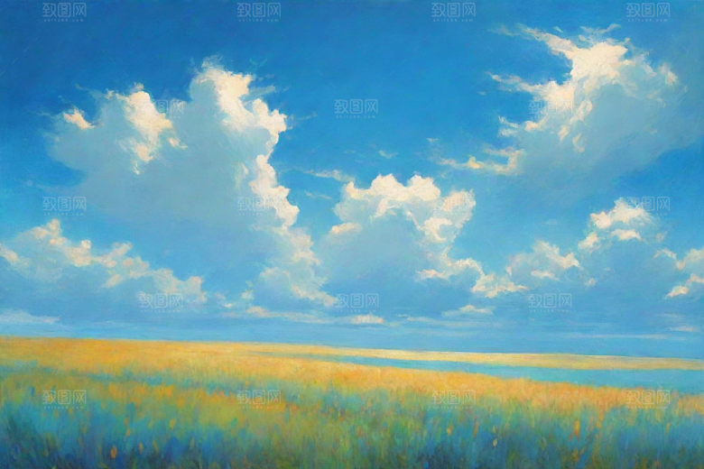 明亮蓝天下的白云草地