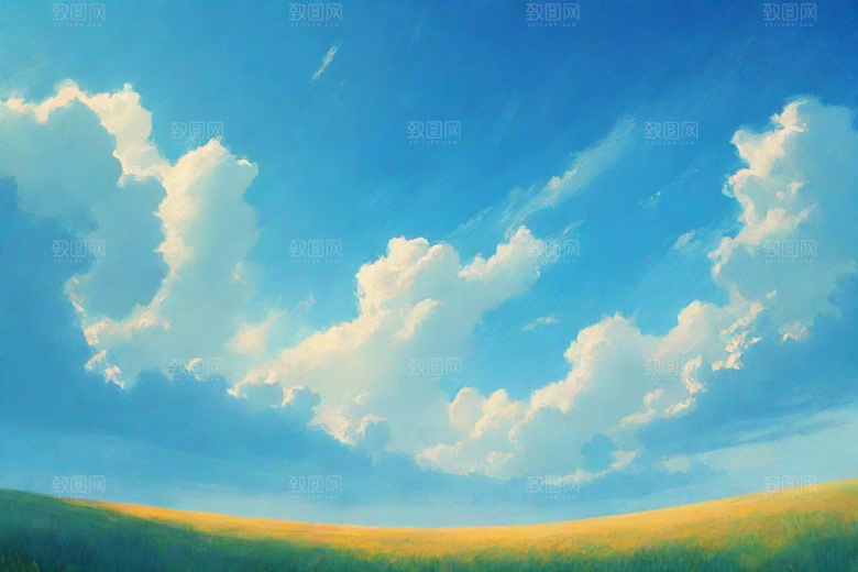 明亮蓝天下的白云草地