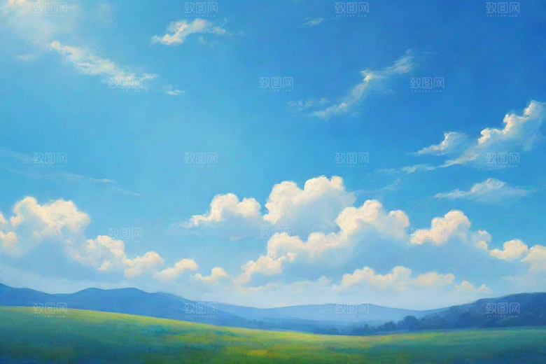 明亮蓝天下的白云草地